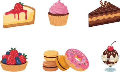Sweet desserts collection, cheesecake, cupcake, chocolate cake, fruit tart, macaron, donut, ice cream sundae, delicious treats, baked goods, candy dessert, 