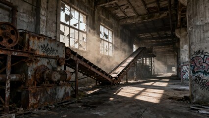 Fototapeta premium Sunbeams pierce the dusty interior of an abandoned industrial building, highlighting rusted machinery and graffiti-covered walls.