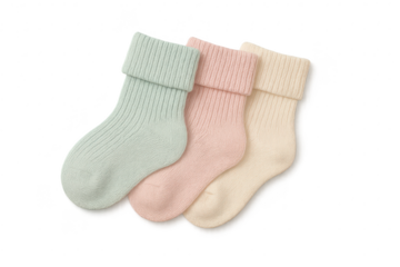 Soft cotton baby socks in pastel colors, isolated on transparent background.