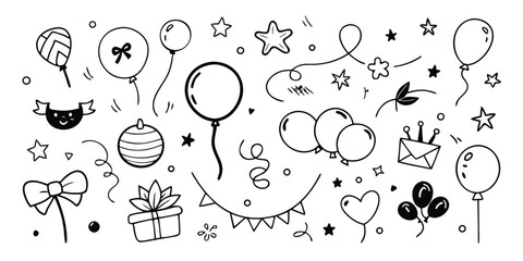 Hand-drawn celebration elements collection balloon gift bow star garland party icons line art