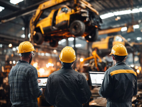 Construction professionals monitoring vehicle repairs with laptops in busy workshop wearing safety helmets and industrial machinery working in background. - Powered by Adobe