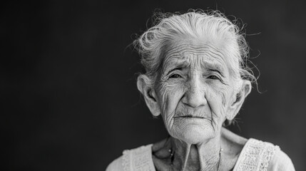 elderly woman with glistening eyes stands against clean monochromatic background exuding sense of nostalgia