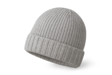 Light gray knitted beanie winter hat isolated on transparent background