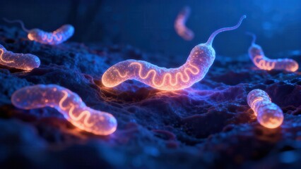 Illuminated microscopic view of luminous bacteria, showcasing intricate details and vibrant colors.