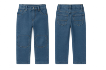 Blue children's jeans with knee patches, isolated on a transparent background.