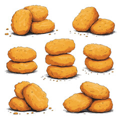 Delicious Chicken Nuggets Illustration Featuring Multiple Arrangements on White Background Perfect for Food Related Projects and Culinary Designs