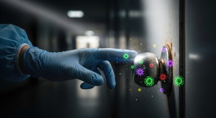 Healthcare Professional Wearing Gloves Touches Contaminated Door Handle Spreading Germs During Pandemic Outbreak