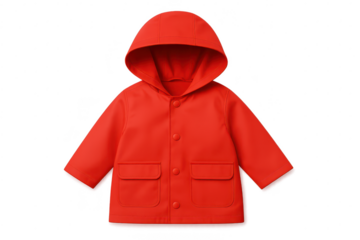 Vibrant red children's raincoat, waterproof, isolated on transparent background