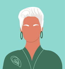 Senior woman, head portrait in modern fashion style. Old gray female face. Elderly person avatar, stylish granny. Hand drawn vector illustration.