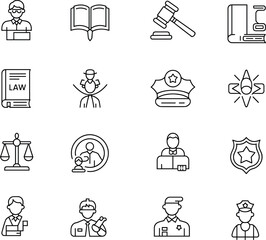 Legal and justice icons, judge, lawyer, gavel, law book, police badge, courtroom, scales of justice, officer, security, legal system, justice symbol, court  
