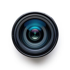 A close-up overhead shot of a large, black camera lens against a bright white background, showcasing its intricate internal structure and subtle reflections