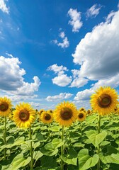 Fototapeta premium Sunny sunflower field, vibrant colors, fluffy clouds