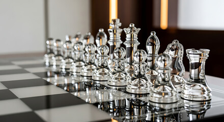 Crystal glass chess pieces arranged neatly on a reflective board