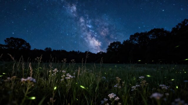 A breathtaking meadow ablaze with fireflies under a magnificent night sky, dotted with stars and the Milky Way. - Powered by Adobe