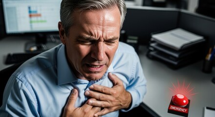 Man experiences chest pain at his office desk indicating a potential medical emergency