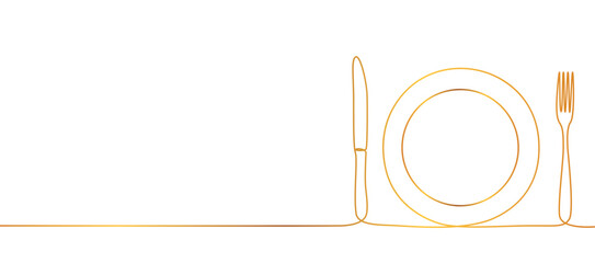 One continuous line drawing of food tools. Plate Fork and Knife for decoration restoran.Restaurant Icons Concept.