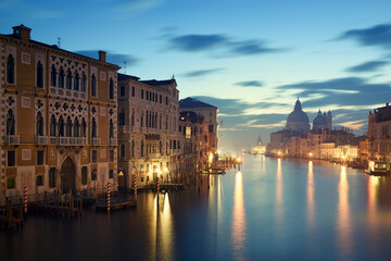 Obraz premium Venice from the Ponte dell Academia with the Canal Grande and the Santa Maria della Salute church. Taken before sunrise in winter. Long exposure.