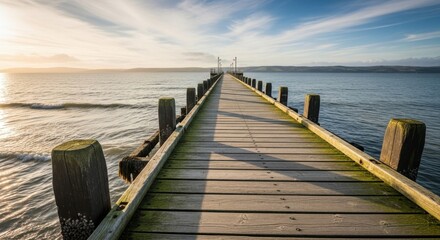 Fototapeta premium Wooden pier stretching into the vast ocean under a golden sunrise