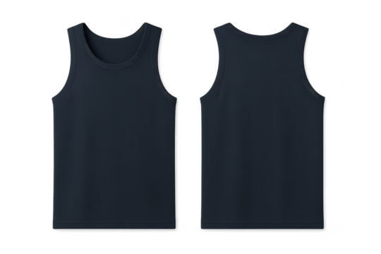 Navy blue men's tank top, front and back isolated on transparent background.
