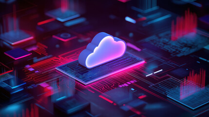 Glowing cloud icon on circuit board platform, neon purple and blue digital cloud computing network with data visualization and futuristic circuitry, energetic mood