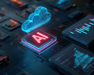 Cloud computing AI chip on circuit board glowing neon, futuristic technology concept with data visualization and holographic cloud above