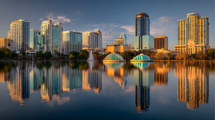 Obraz premium orlando florida usa downtown city skyline on eola lake no logos no brands