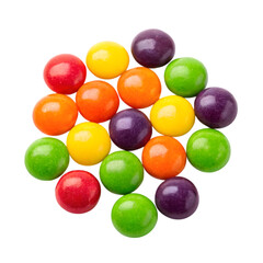 Pile of colorful candies isolated on transparent background, top view, flat lay