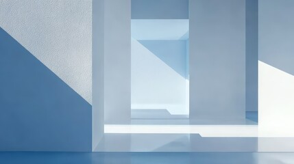 Minimalist architectural interior with geometric shapes and soft blue lighting