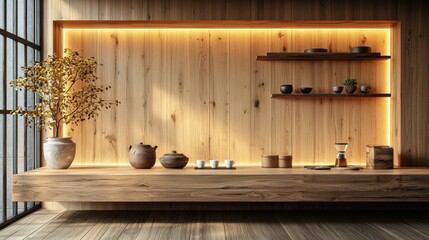 Wooden shelf displaying a pot and plant in a modern japanese cafe with oak wood panels and matcha tea