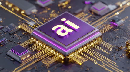 Purple ai chip on circuit board glowing with gold traces and futuristic lighting conveying innovation and advanced technology