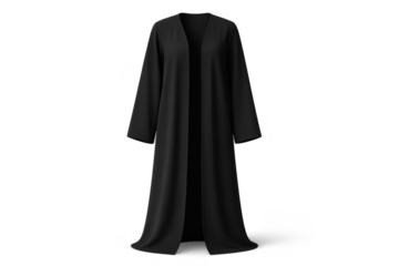 Black flowing long open cardigan isolated on transparent background, fashion.