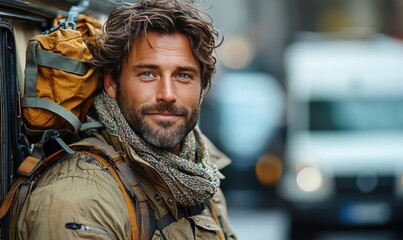 Man with backpack outdoors