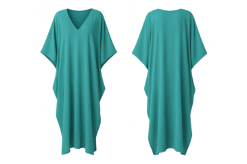Elegant teal kaftan dress front and back views, isolated on transparent background