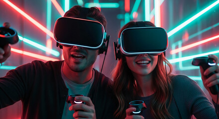 Couple using VR headsets, immersed in a vibrant neon-lit virtual reality game, showcasing excitement and modern entertainment technology