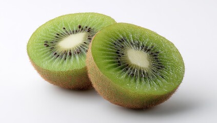 Fototapeta premium Two halves of a fresh kiwi fruit, sliced, showcasing the vibrant green flesh and brown seeds