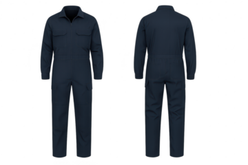 Dark blue workwear jumpsuit, front and back view, isolated on transparent background