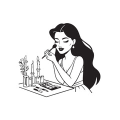 Black and white line art of a beautiful woman doing makeup at dressing table with mirror illustration
