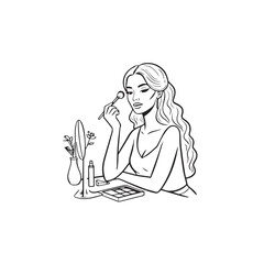 Black and white line art of a beautiful woman doing makeup at dressing table with mirror illustration