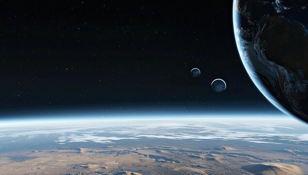 A planetary vista showcasing a desert planet's horizon, a thin atmospheric layer, and two moons in the dark expanse of space, with a large planet dominating the right
