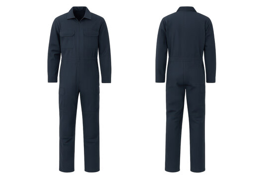 Dark blue work jumpsuit isolated on transparent background, front and back view