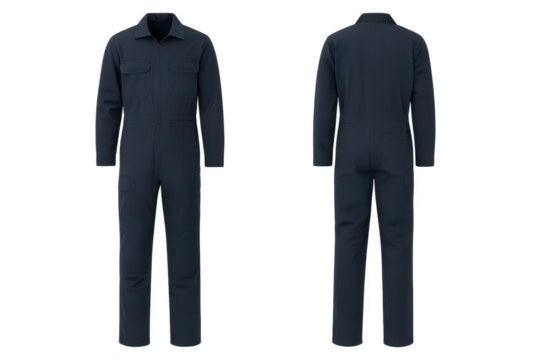 Dark blue work jumpsuit isolated on transparent background, front and back view