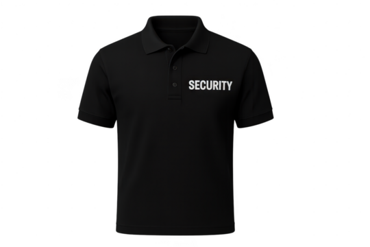 Black polo security shirt isolated on transparent background, professional uniform