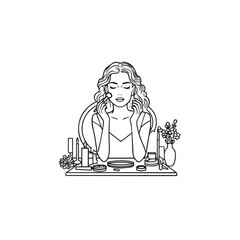 Black and white line art of a beautiful woman doing makeup at dressing table with mirror illustration