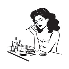 Black and white line art of a beautiful woman doing makeup at dressing table with mirror illustration