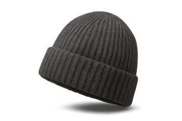 Gray knitted beanie hat isolated on transparent background for design use
