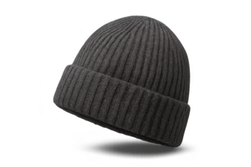 Gray knitted beanie hat isolated on transparent background for design use