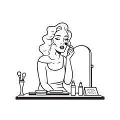 Black and white line art of a beautiful woman doing makeup at dressing table with mirror illustration