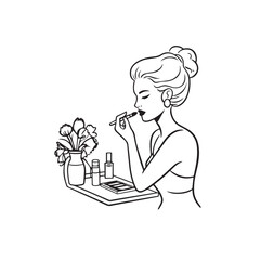 Black and white line art of a beautiful woman doing makeup at dressing table with mirror illustration