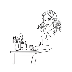 Black and white line art of a beautiful woman doing makeup at dressing table with mirror illustration