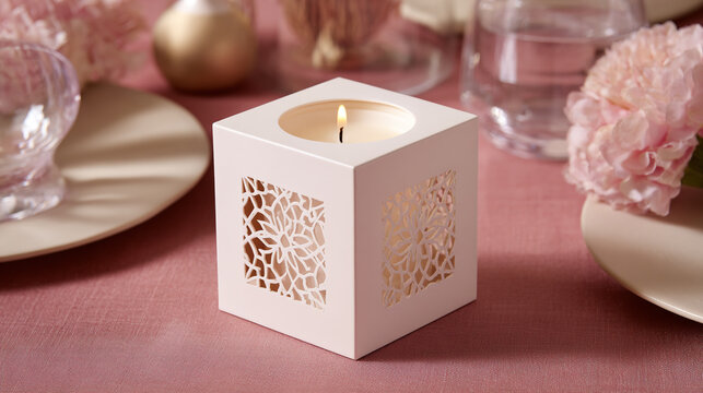 Elegant table setting with a lit candle in an ornate holder pink flowers and plates